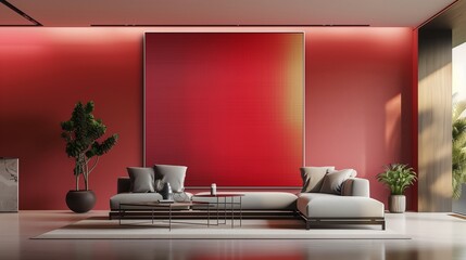A sleek living room with a minimalist design, featuring a single, oversized minimalist painting in shades of ruby red