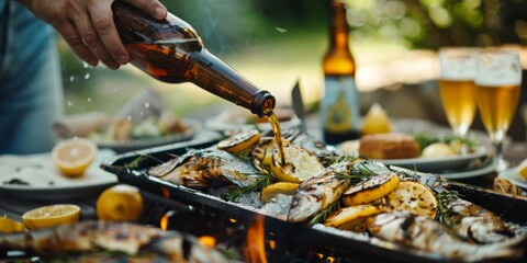 Fototapeta premium Pouring Beer into Lemon Grilled Fish Tray at Summer Party: Capturing Beer Festival, Dinner, Colleague Team Building, and Holiday Feast Concepts. AI-Generated High-Resolution Wallpaper Background.