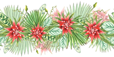 Tropical leaves with red flowers, palm leaf, curly creeper, home plant greenery. Seamless border, pattern Exotic Hawaiian jungle floral clipart Watercolor painted illustration on isolated background 