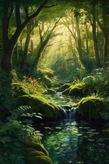 Obraz premium illustration of a magical forest scene, featuring sun rays filtering through dense foliage, illuminating a winding path and stream. Exudes serenity and enchantment.