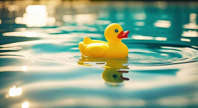 Animated yellow rubber duck floating on water in the pool with glimmering light reflections, evoking summer joy. Perfect kids swimming tool for summer joy or visuals for children