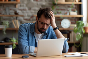 Depressed office worker sitting in front of a laptop. Generative AI