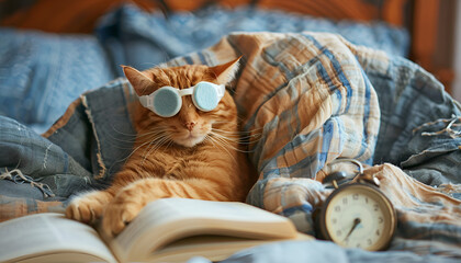 Cute ginger cat with sleep mask, alarm clock and book resting on bed