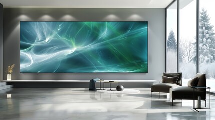 Fototapeta premium A sleek living room with a minimalist aesthetic, featuring a single, large minimalist canvas in a dynamic blue and green abstract pattern