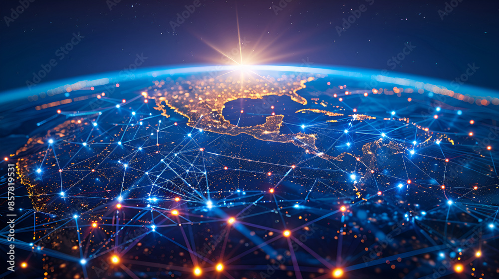 Poster digital world globe centered on america, concept of global network and connectivity on earth, data t