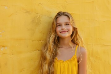 Fototapeta premium Yellow Texture. Pretty Young Model with Long Blonde Hair Smiling against Textured Wall