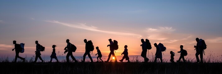 Fototapeta premium Silhouette of a horde of refugee people walking