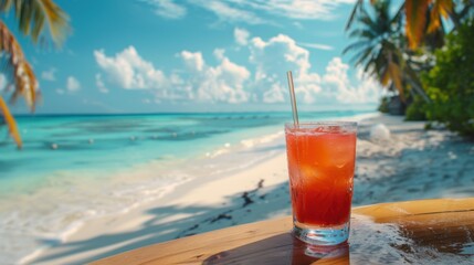 cocktail with a straw on the bar counter. beach with white sand and palm trees