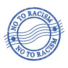 NO TO RACISM, text written on blue postal stamp.