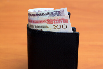 Bolivian boliviano in the black wallet