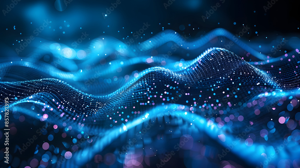 Aufkleber Abstract dark blue tech background with digital waves and artificial neural connections, quantum computing network system and electronic global intelligence
