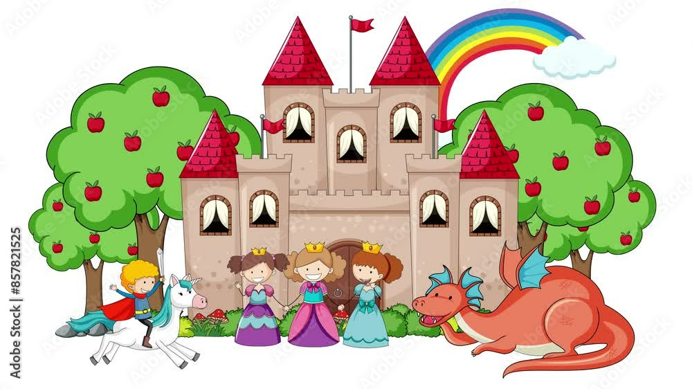 Wall mural fairytale castle with characters