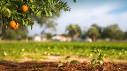 tree with oranges on the branches and defocused farm background