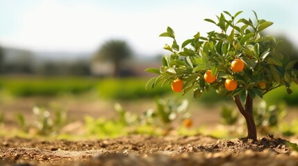 tree with oranges on the branches and defocused farm background