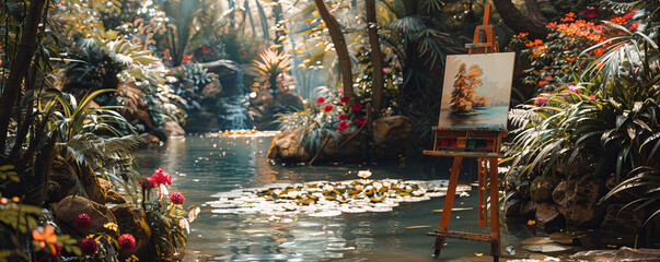 An artist painting en plein air in a tranquil botanical garden, surrounded by blooming flowers and lush foliage.