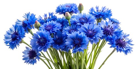 Fototapeta premium Stunning Close-Up Of A Bouquet Of Blue Cornflowers In Full Bloom Against A White Background.