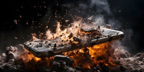 Fototapeta premium Smartphone explosion leads to fire and destruction due to overcharged battery. Concept Smartphone safety, Battery explosion risks, Fire hazards, Electronic devices safety, Emergency preparedness