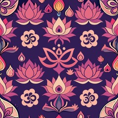 Seamless pattern of divine symbols such as the lotus flower, the Om symbol, and the goddess Lakshmi, representing purity, Generative AI
