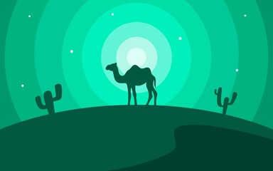 Landscape background illustration of desert and camel silhouettes with a modern green gradient sky design