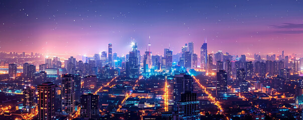 Obraz premium A panoramic view of a city skyline at night, with lights twinkling like stars against the dark sky.