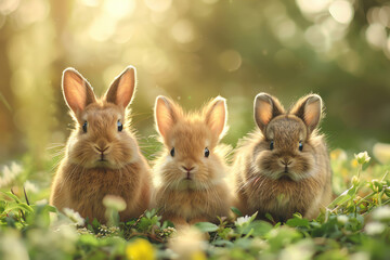 Obraz premium Two fluffy rabbits playing in a grassy field