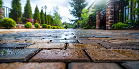 Revitalize your terrace pavers with high-pressure cleaning for a fresh appearance. Concept Patio Maintenance, High-Pressure Cleaning, Terrace Revitalization, Fresh Appearance