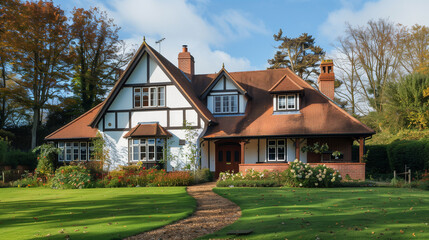 Suburban Serenity. A two-story house with a gabled roof, surrounded by a well-manicured lawn and autumn trees.