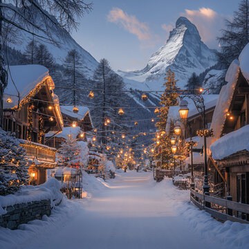 Generative AI,A glowing village, magical winter night, Zermatt, Switzerland  