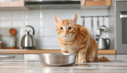 Cute ginger cat near feeding bowl in kitchen. Space for text