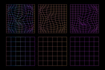 Distorted neon grid patterns, geometry wireframe line set. Synthwave, Retrowave, Vaporwave. Trendy retro 1980s, 90s style. Vector illustrations.