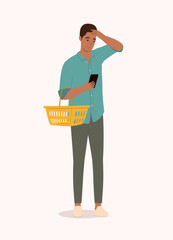 One Black Man With Empty Shopping Basket And Mobile Phone Feeling Confused.