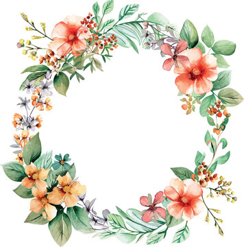 Watercolor natural spring wreath on white background