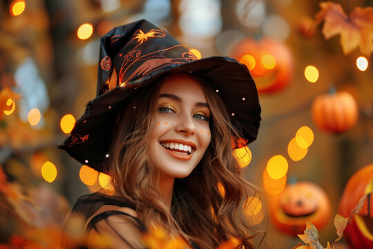 Halloween party. Portrait of a happy smiling young woman. Girl in a witch costume, blacl witch hat. Festive lights, garlands. Celebration, halloween october festival. 