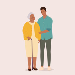Smiling Black Adult Man Holding Arm Of A Senior Woman With Walking Cane.