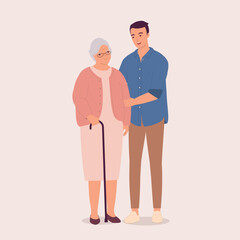 Smiling Adult Man Holding Arm Of A Senior Woman With Walking Cane. Full Length.