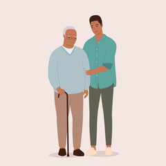 Smiling Black Adult Man Holding Arm Of A Senior Man With Walking Cane.