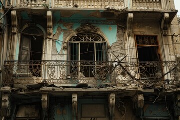 Fototapeta premium Close-up of an old abandoned building with a damaged facade, broken windows, and a deteriorated balcony.