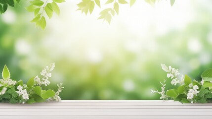 Obraz premium white wooden table top with spring green leafs as frame and free space for text.