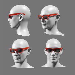 Front and side view of head with sunglass, black and white, 3d trendy collage in magazine style. Modern contemporary art, clipping path, 3D render