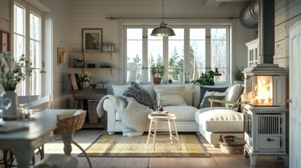 Modern interior design of apartment, dining room with table and chairs, empty living room with beige wall, panorama.