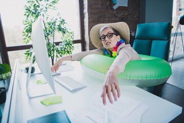 Photo of attractive sad age lady agent dressed formal shirt tired working modern gadget dreming...