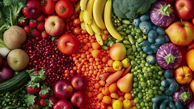 Healthy food concept. Top view fresh organic fruits and vegetables. Balanced diet food background. Healthy eating. Horizontal video healthy foods. Colorful bunch of fresh vegetables and fruits. 4k