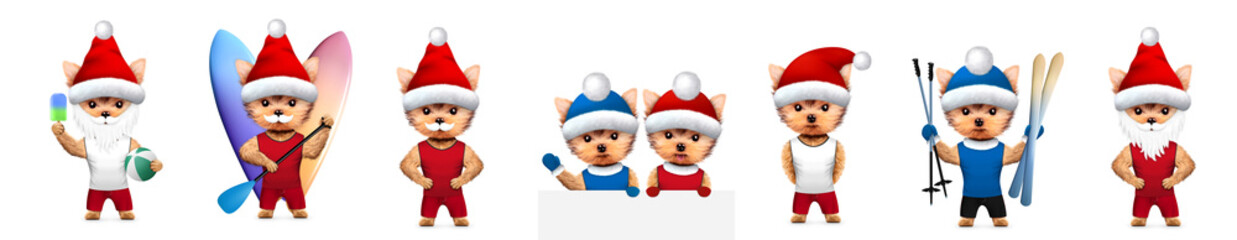 Funny Dog Santa wearing hat, beard and moustache with Elf. Christmas concept