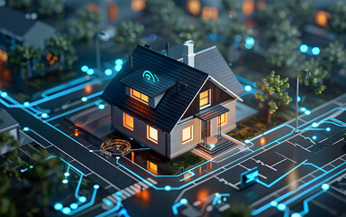 Obraz premium Implementing IoT technology in smart homes involves connecting household devices to the internet, allowing for remote monitoring and control. This includes systems like smart lighting, thermostats, se