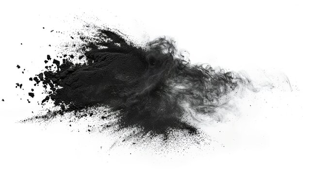Black powder explosion isolated on white background. Abstract black dust cloud texture.