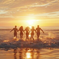 A group of people are running in the ocean at sunset. Scene is joyful and carefree, as the group of friends are enjoying their time together in the water