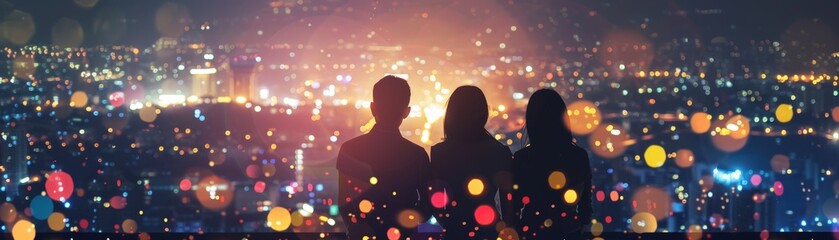 Fototapeta premium A group of three people are silhouetted against a city skyline at night. The city is lit up with bright lights, creating a vibrant and lively atmosphere. Concept of excitement and energy