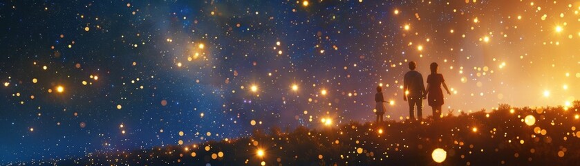 A couple is walking on a hill under a starry sky. The stars are scattered all over the sky, creating a beautiful and serene atmosphere. The couple appears to be enjoying their time together