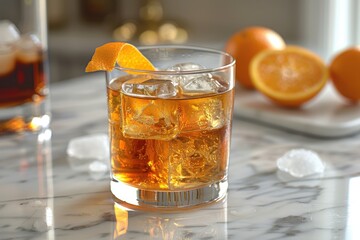 A classic old fashioned cocktail in a rocks glass, muddled with sugar and bitters, garnished with an orange twist.
