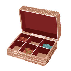 A jewelry box shows assorted accessories neatly arranged for organization and display